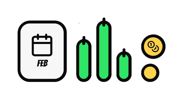 February calendar with green candlestick chart bars and gold coins