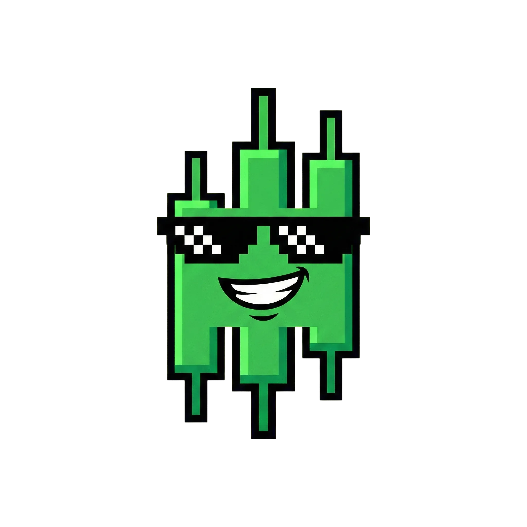 Upbruary mascot - green candlestick chart character with pixel sunglasses